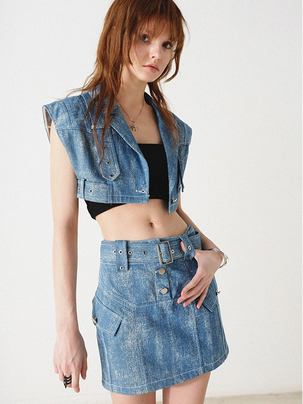 Denim Cropped Wide Vest &amp; MIni Skirt