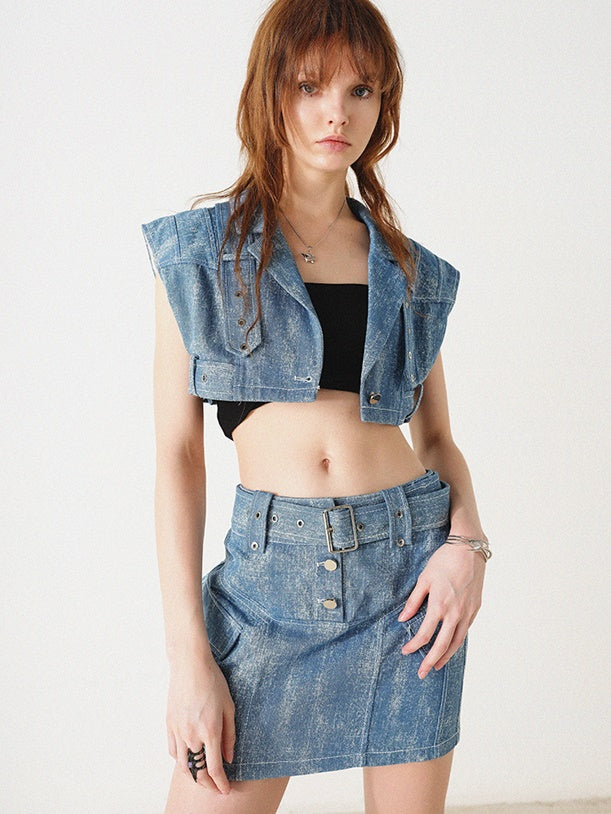 Denim Cropped Wide Vest &amp; MIni Skirt