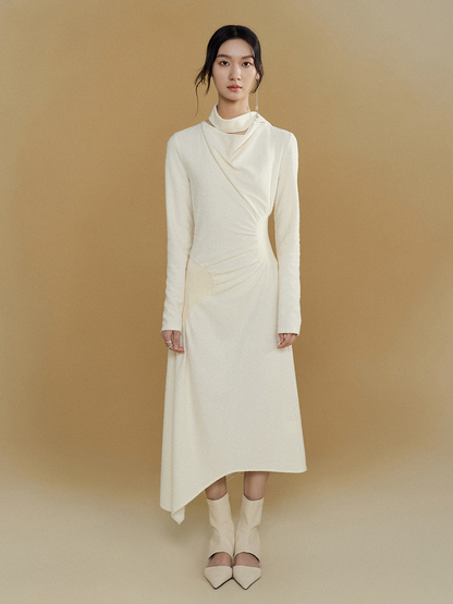 Gathered Spliced Swing Collar Dress