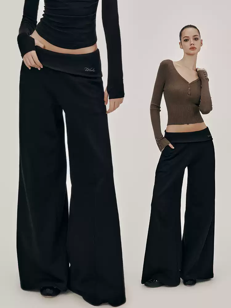 Knit Stretch Loose Plain Wide-Pants