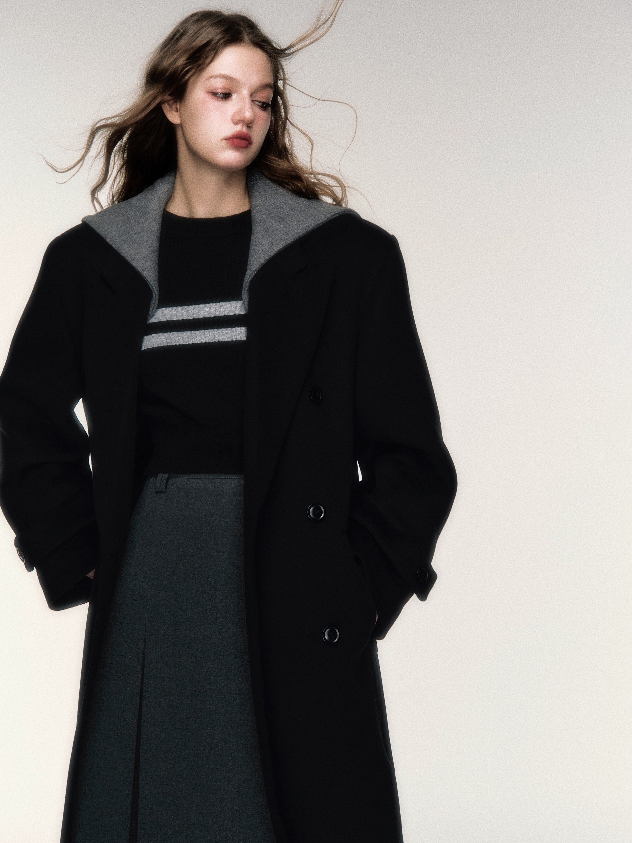 Detachable Navy Collar Double-breasted Coat