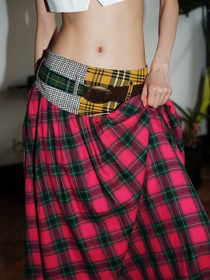 Retro Plaid Stitching Long Skirt With Belt