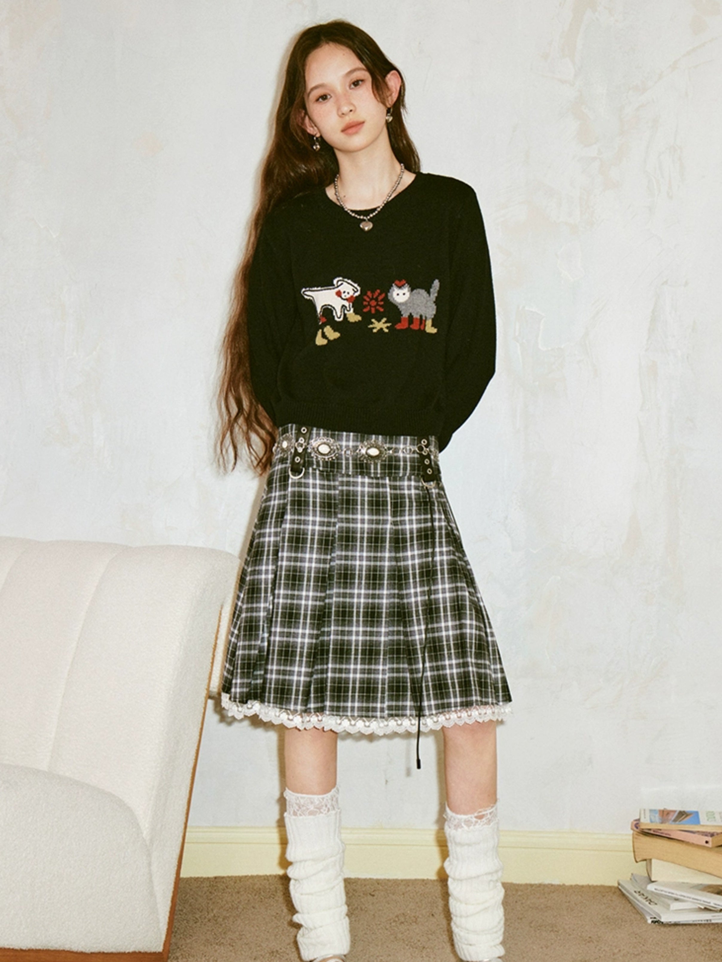 Lace Spliced Plaid A-Line Pleated Skirt