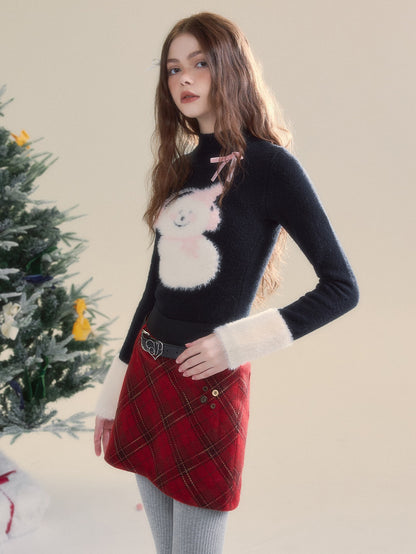 Snowman Splicing Fur Bottle-neck Slim Sweater