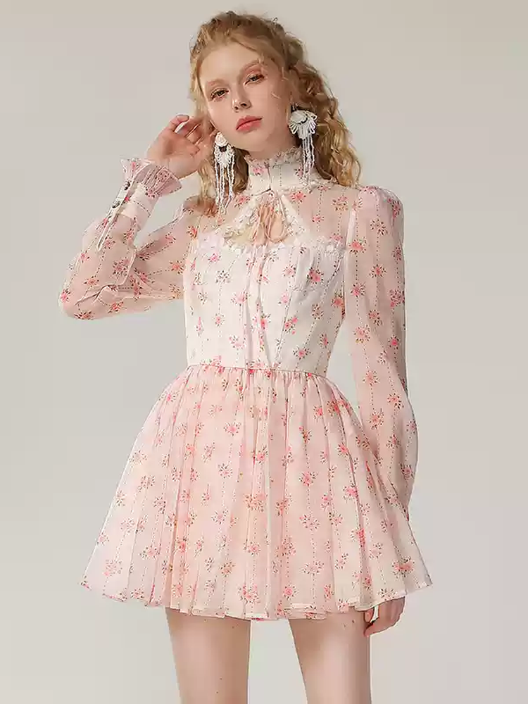 Sheer Flower Sweet High-Neck Lace Frill Short Dress