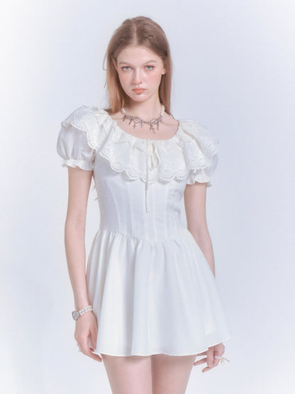 Lace Embroidery Puff Sleeve Slim Dress