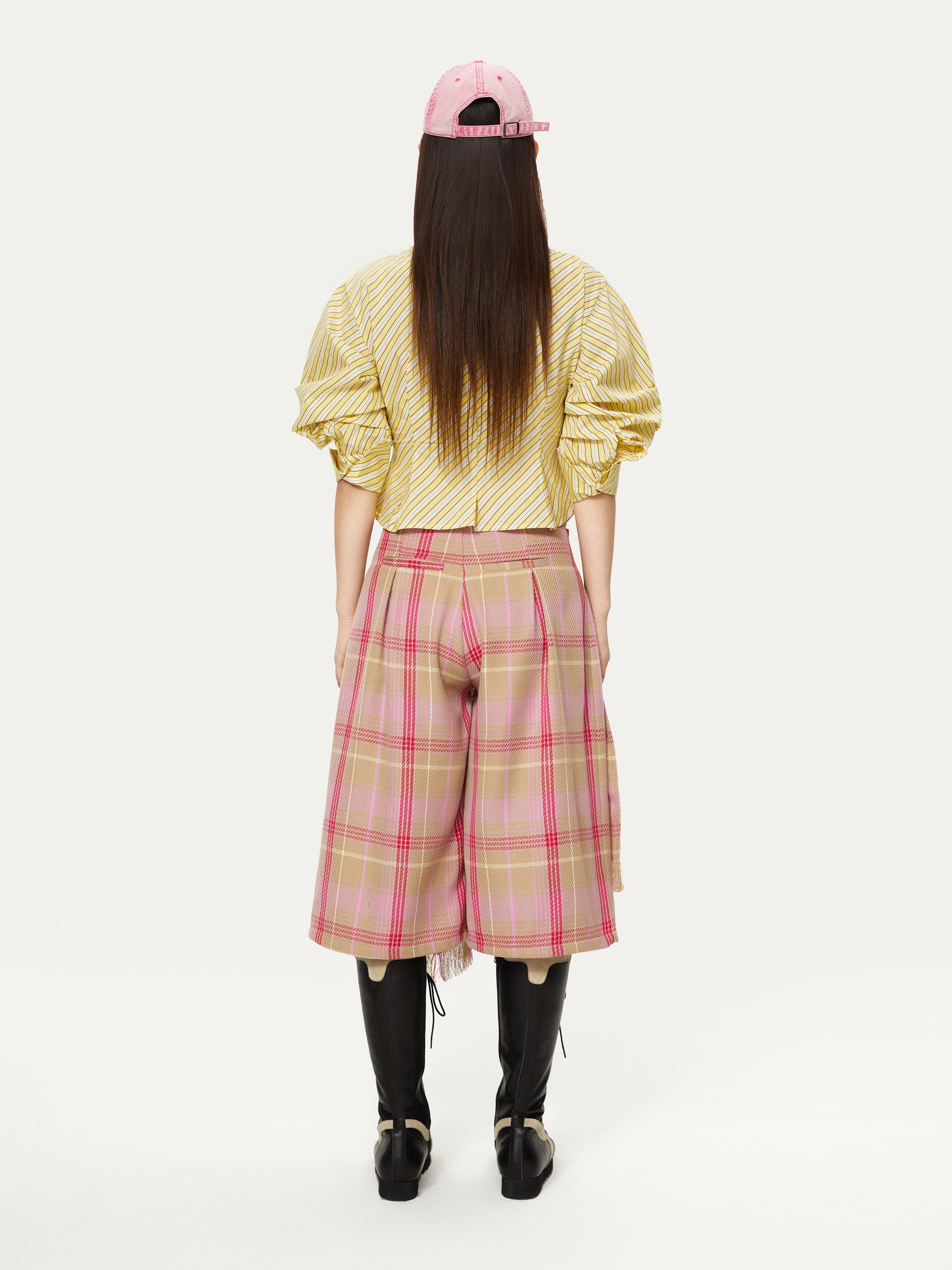 Plaid Brushed Tassel Wrap Design Gaucho Pants