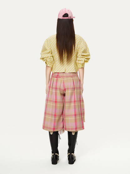 Plaid Brushed Tassel Wrap Design Gaucho Pants