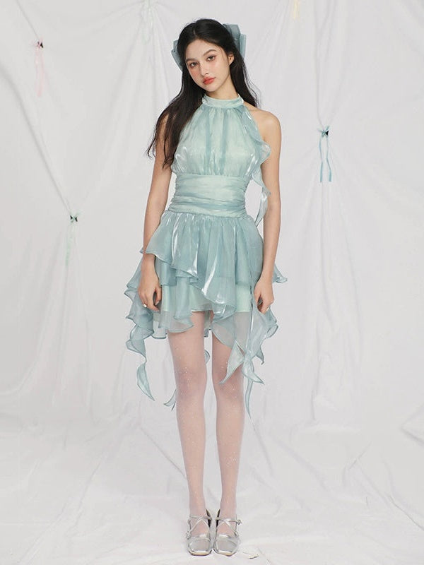 Irregular Streamer Gauze Sleeveless Puffy Dress