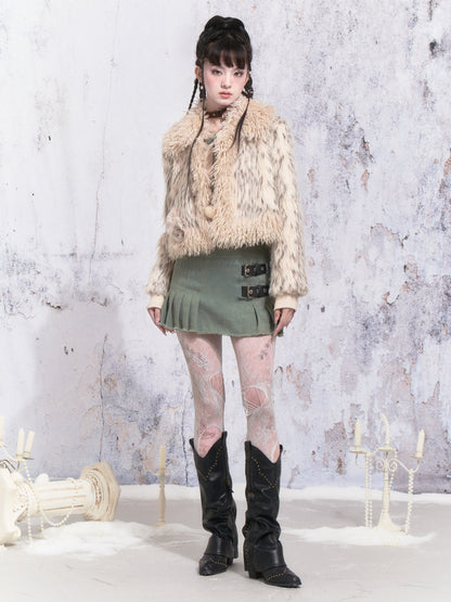 Flower Accent Stitching Fur Short Coat