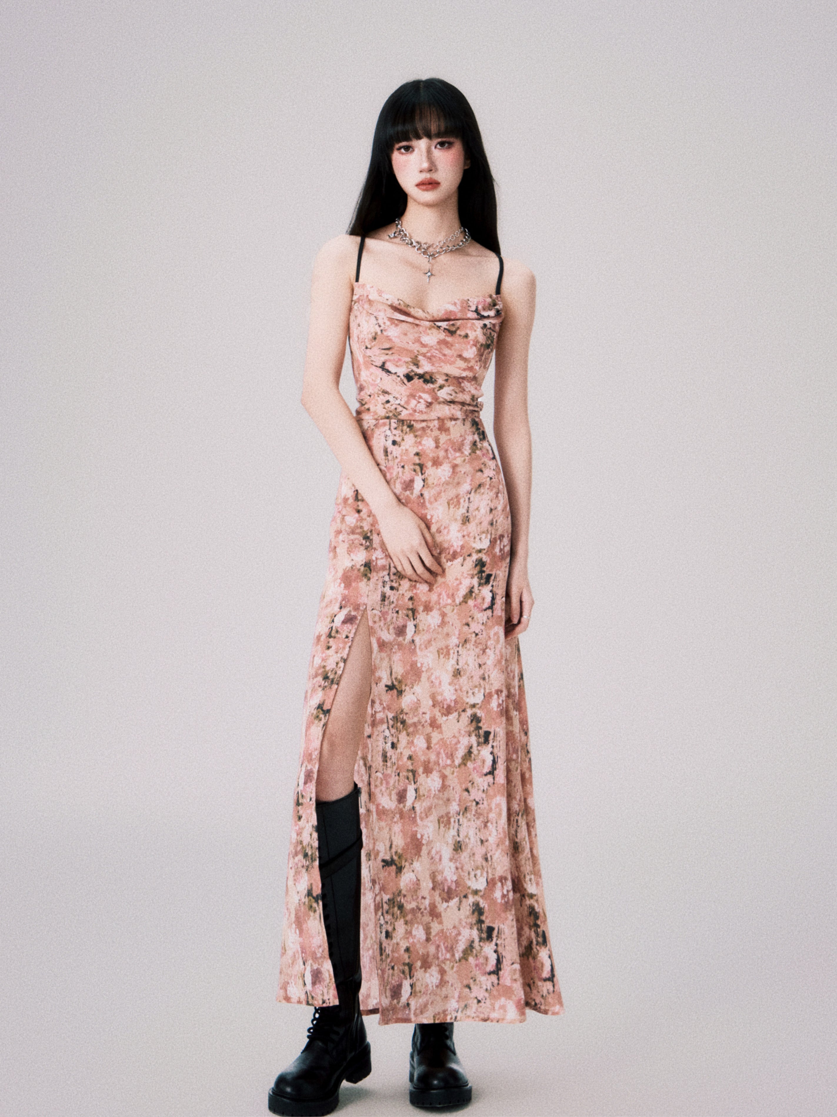 Swing Neck Backless Floral Suspender Dress