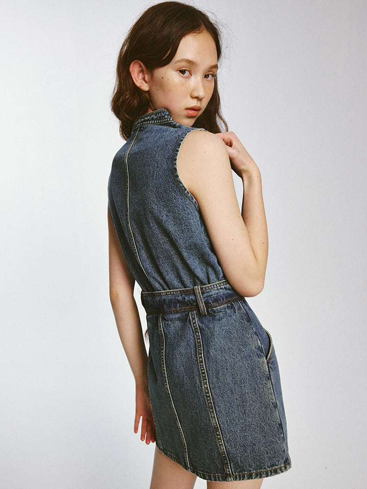 Rretro Stand-up Collar Denim Sleeveless Dress