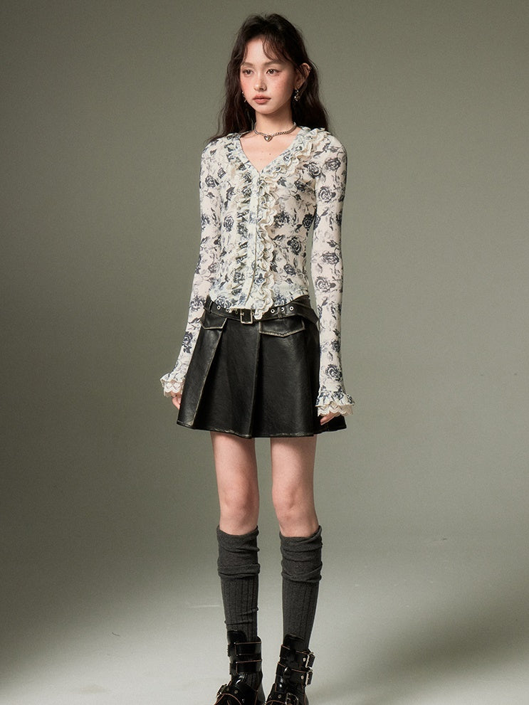 French Niche Floral Lace V-neck Shirt