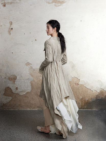 Plant-dyed Pleated Textured Lapel Long Coat