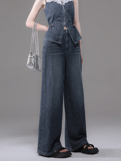 Double Strap Lace Stitch Denim Camisole ＆ Wide-Leg Jeans Set-up