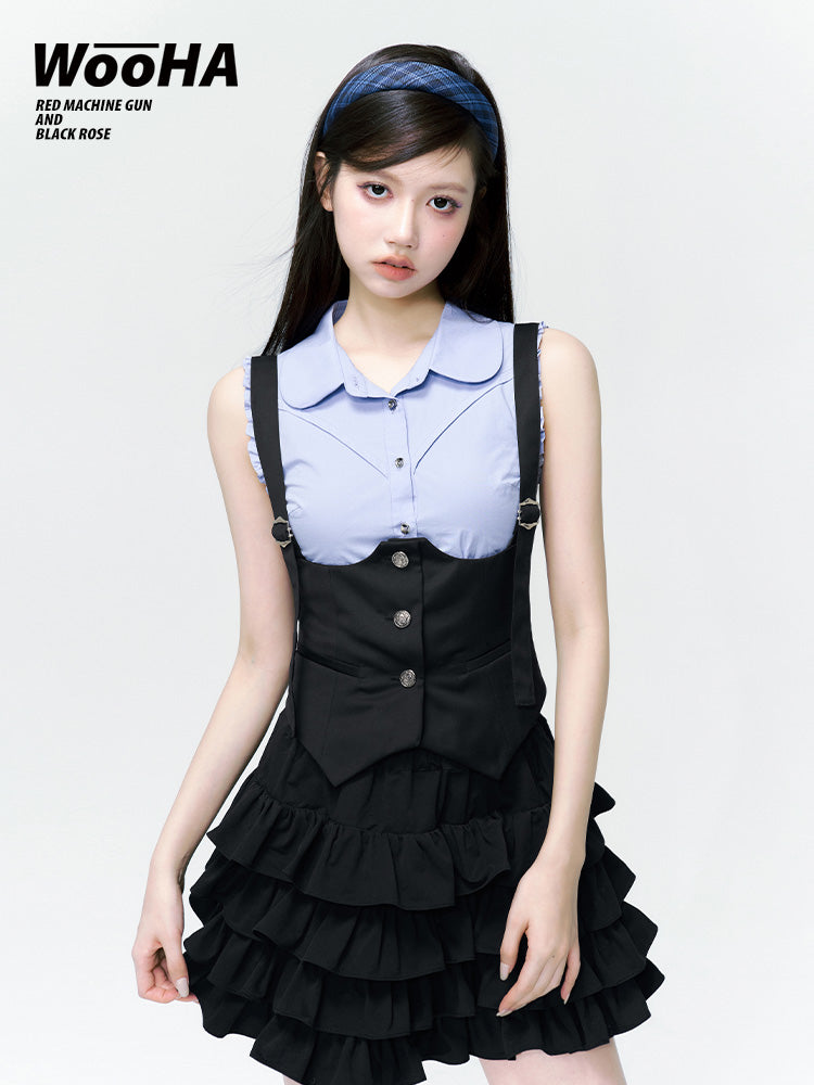 Frill Tiered Cropped Short Blouse＆Vest＆Skirt