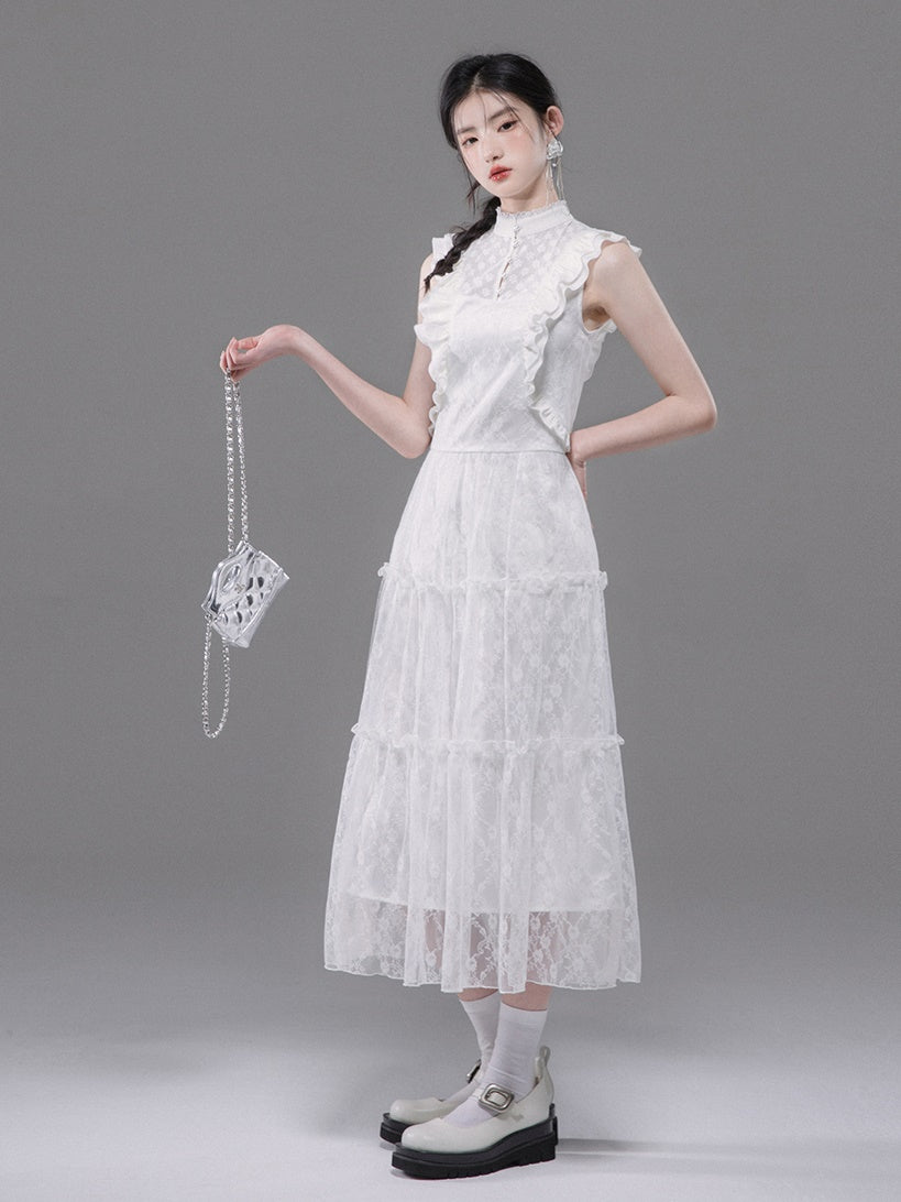 Lace Stand Collar Tiered Sleeveless Dress