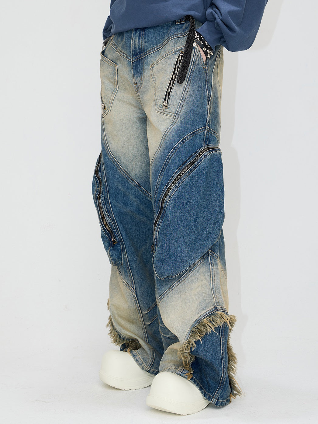 Special-shaped Structure Pocket Bleached Dyed Loose Jeans