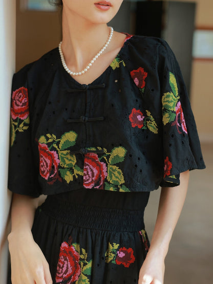 Red Peony Embroidery Improved One-piece