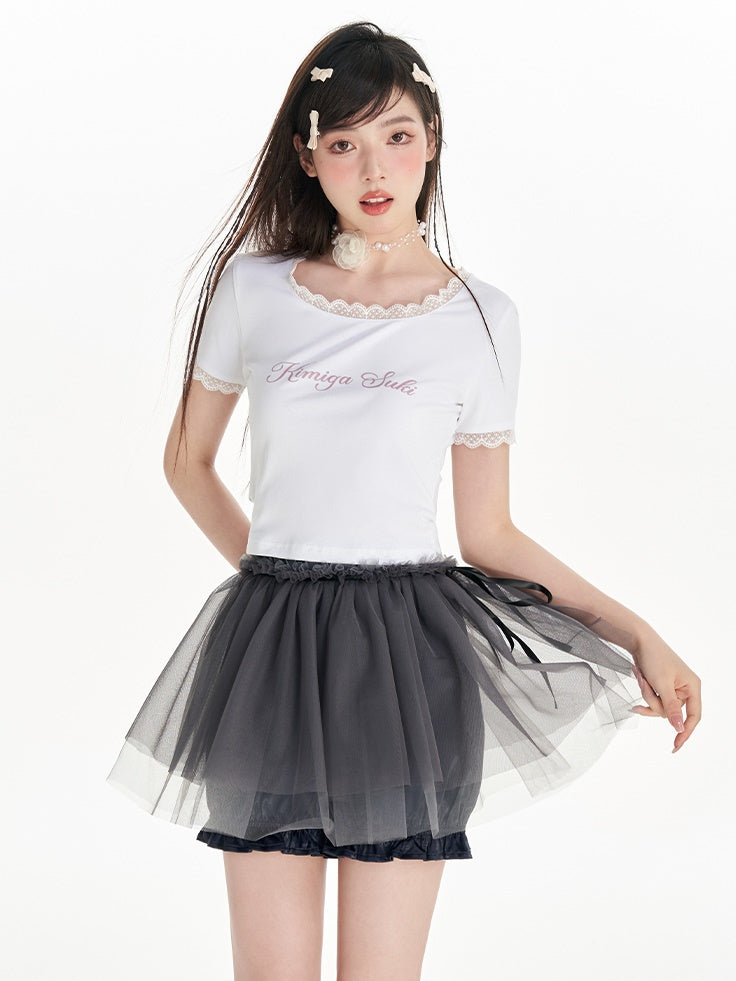 Back Strap Bow Lace U-neck Printed T-shirt