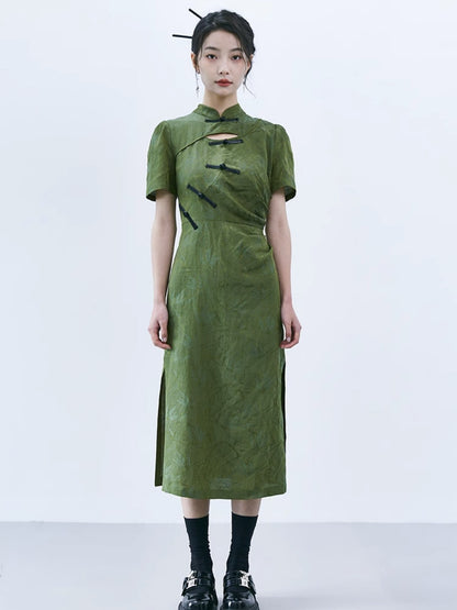 Chinese Style Hollow Bamboo Leaf Short Sleeve Dress