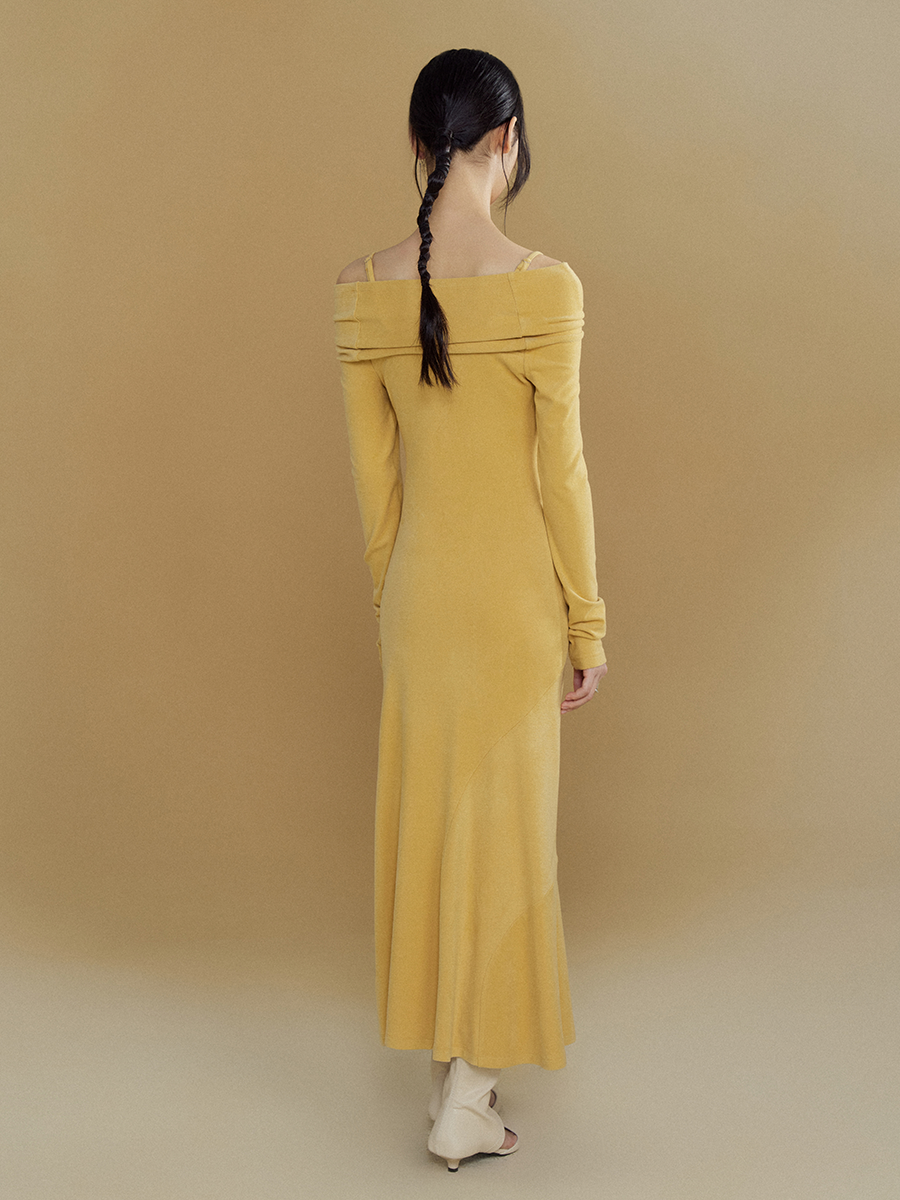 One-shoulder Long-sleeved Brushed Long Knit Dress