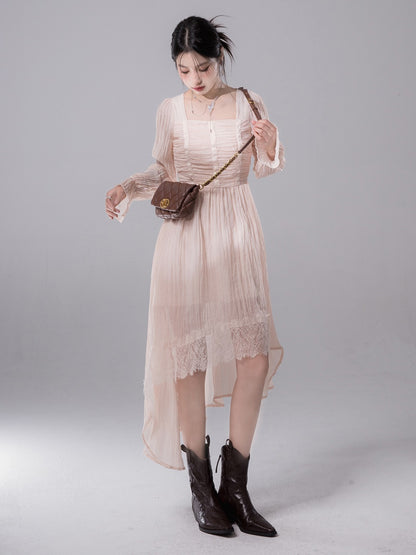 Pleats Irregular Hem Lace Long-sleeved Dress