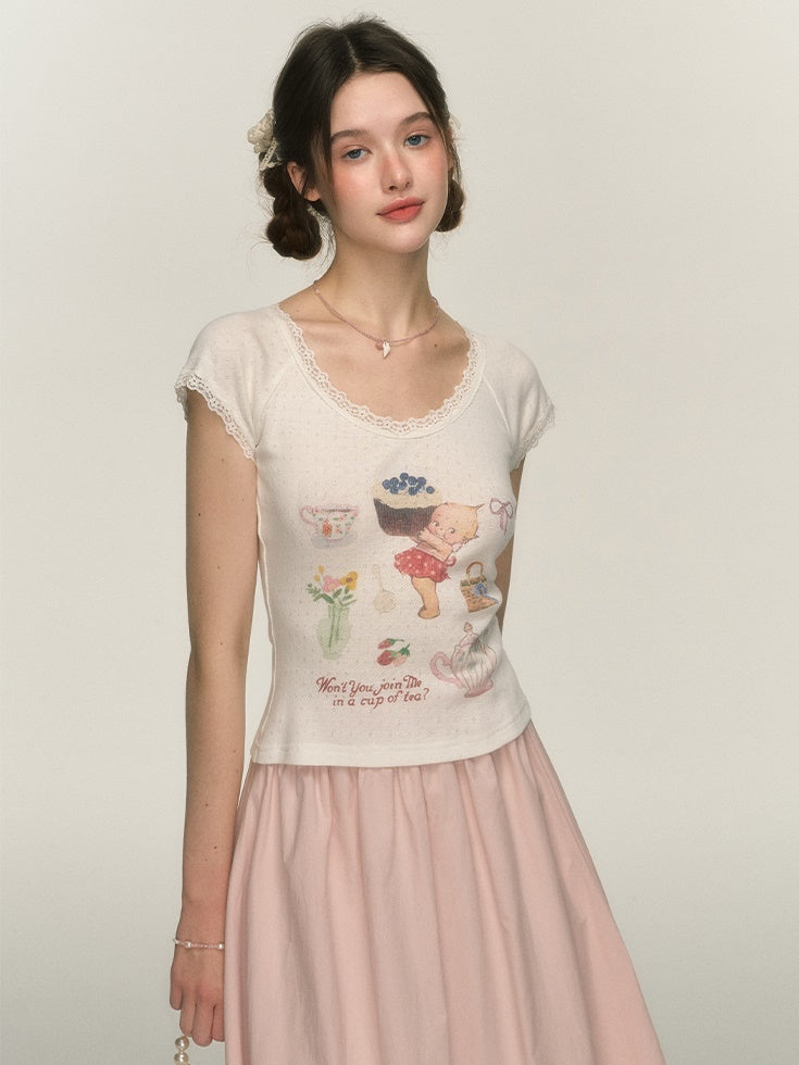 Afternoon Tea Print Sweet Slim Fit T-shirt