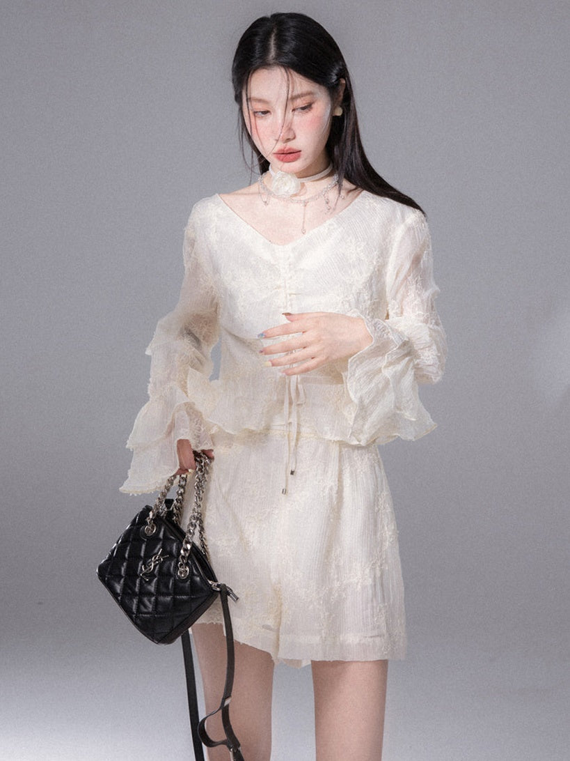 Floral Embroidered Drawstring Shirt &amp; Shorts Set-up