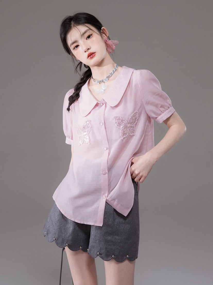 Pearl Butterfly Embroidered Baby Collar Shirt