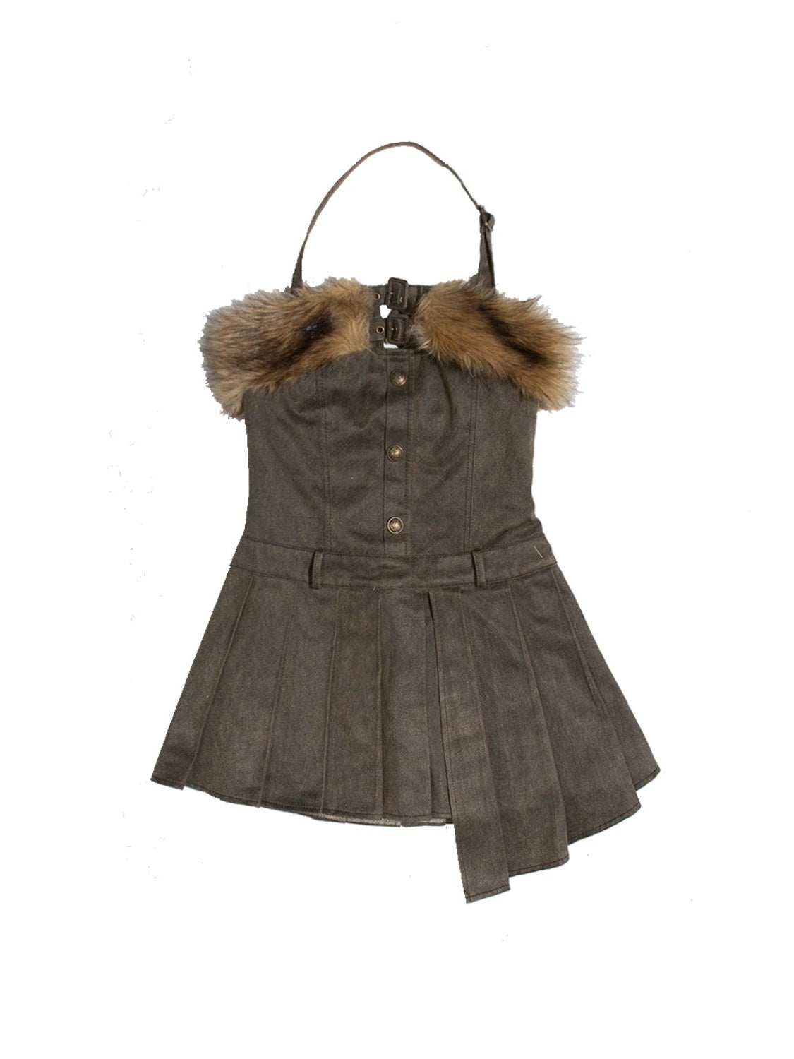 Fur Stitch Suspender Pleated Dress ＆ Fur Belt