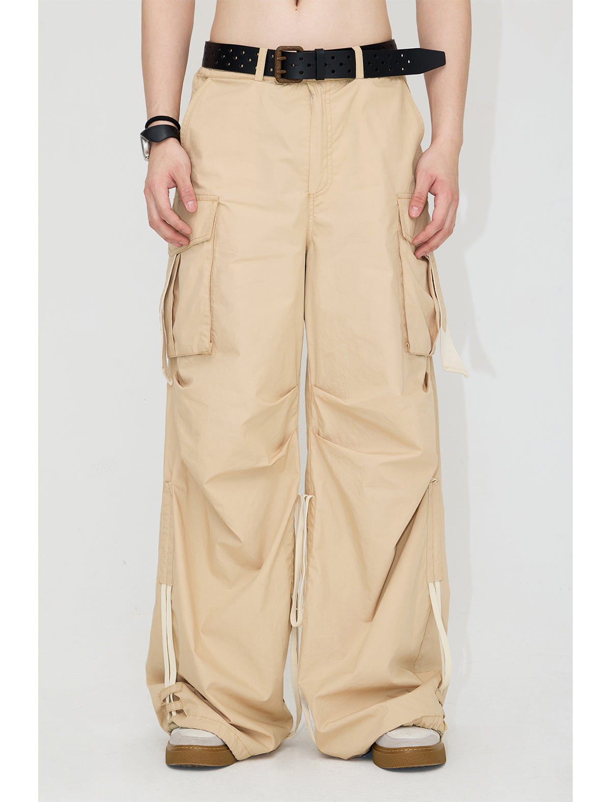 Drawstrings Color Matching Knee Pleated Loose Parachute Pants