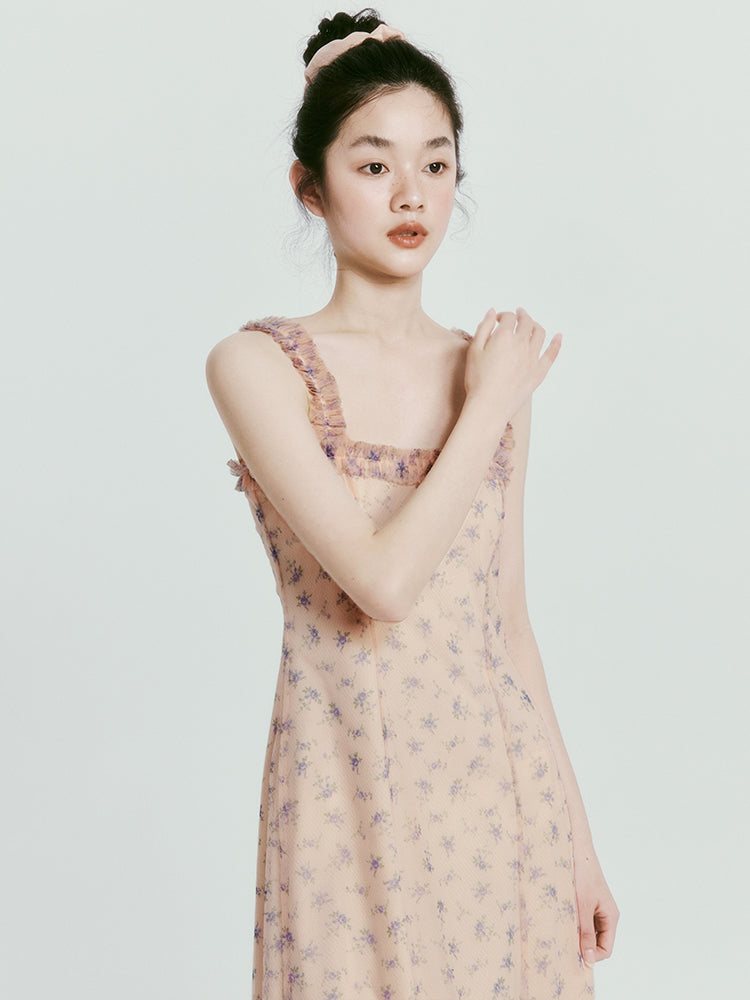 Mesh Double Layer Floral Strap Dress