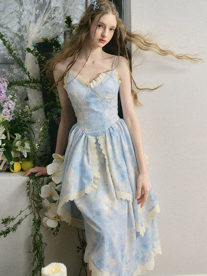 Oil Painting Floral French Suspender Dress