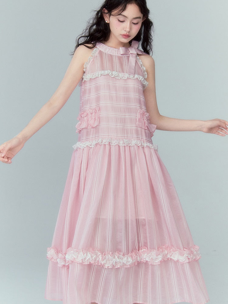 Ruffled A-line Ribbon Hanging Neck Cake One-piece