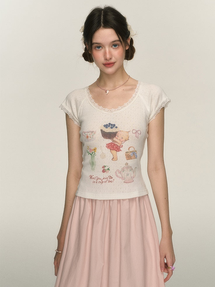 Afternoon Tea Print Sweet Slim Fit T-shirt