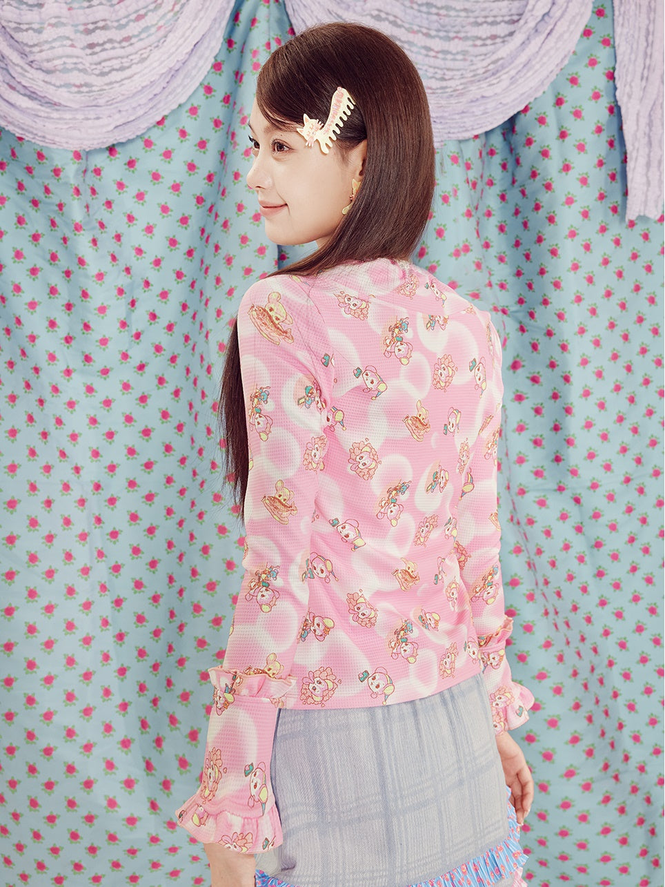 Bear Print Bell Sleeves Ribbon Cutsew