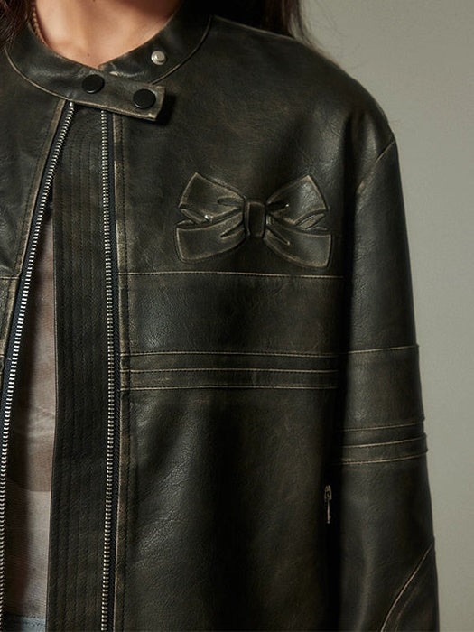 Emboss Ribbon Leather Stand Collar Jacket – ARCANA ARCHIVE