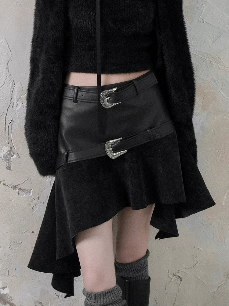 Belt Accent Irregular Thin Leather Switching Skirt