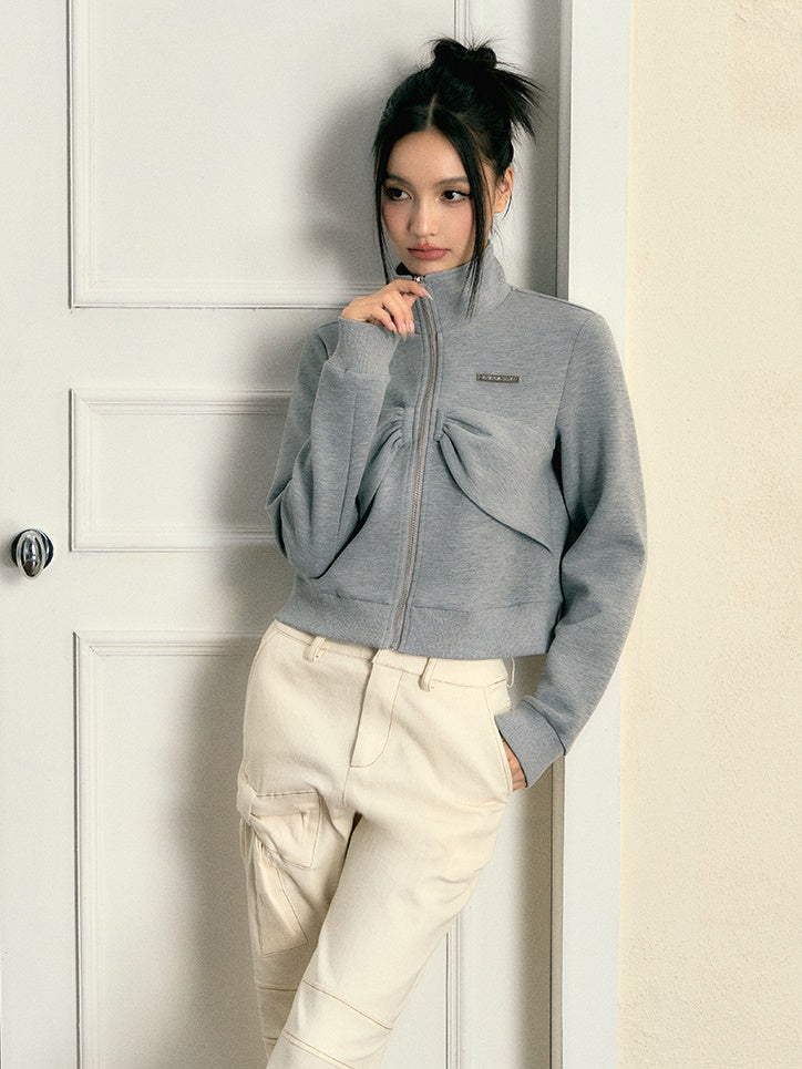 Ribbon Design Stand Collar Sweat Jacket