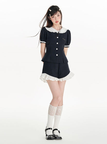 Doll Collar Puff Sleeves Small Fragrance Top &amp; Frill Shorts