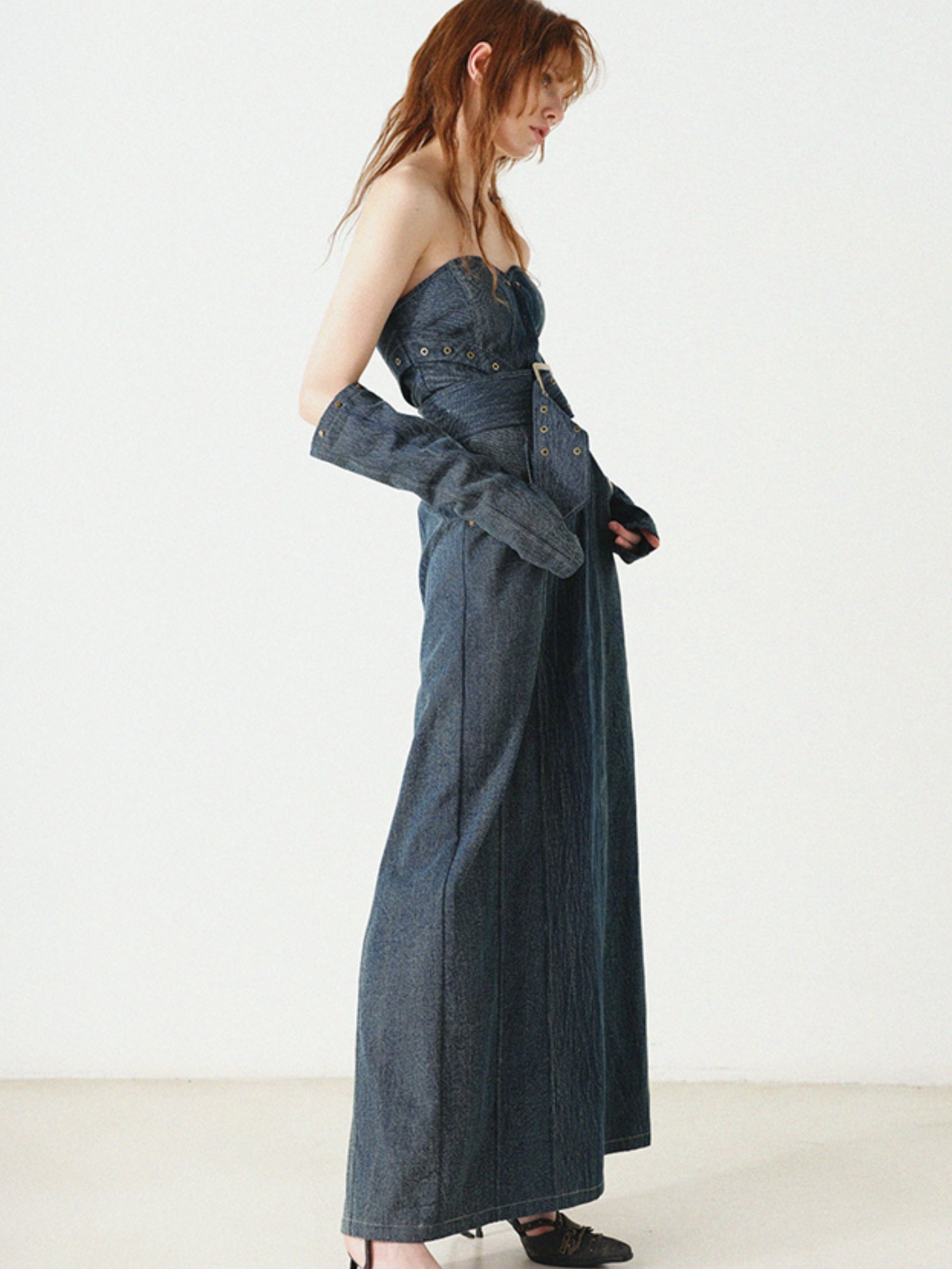 Denim Bare Top Long Kleid mit Ärmeln