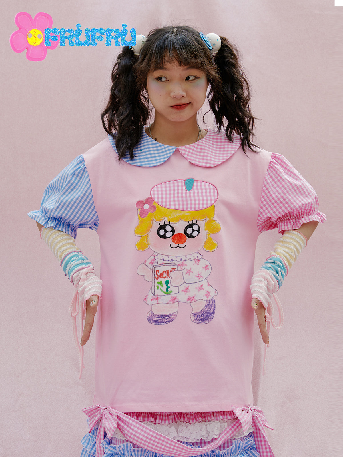 Cartoon Check Shirt Sleeve T-Shirt