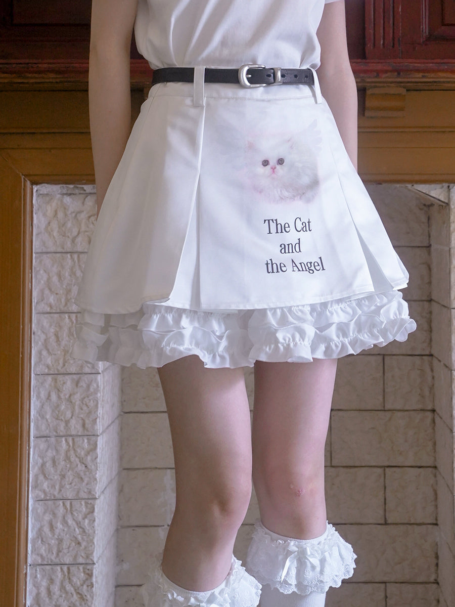 Cat Print Lace Fluffy Short Skirt