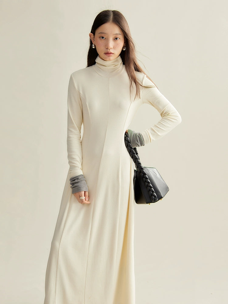 Color-blocked High Collar Knitted Long One-piece