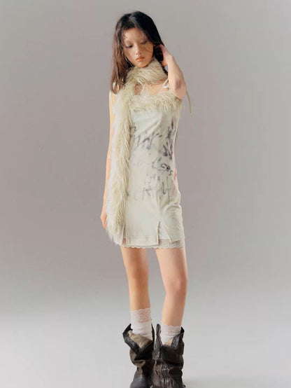 Slim-fitting Velvet Printed Suspender Dress