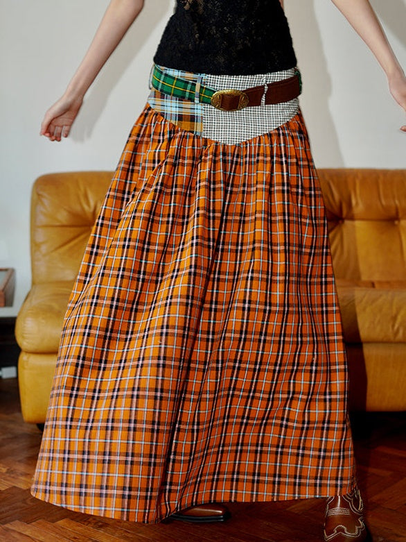 Retro Plaid Stitching Long Skirt With Belt