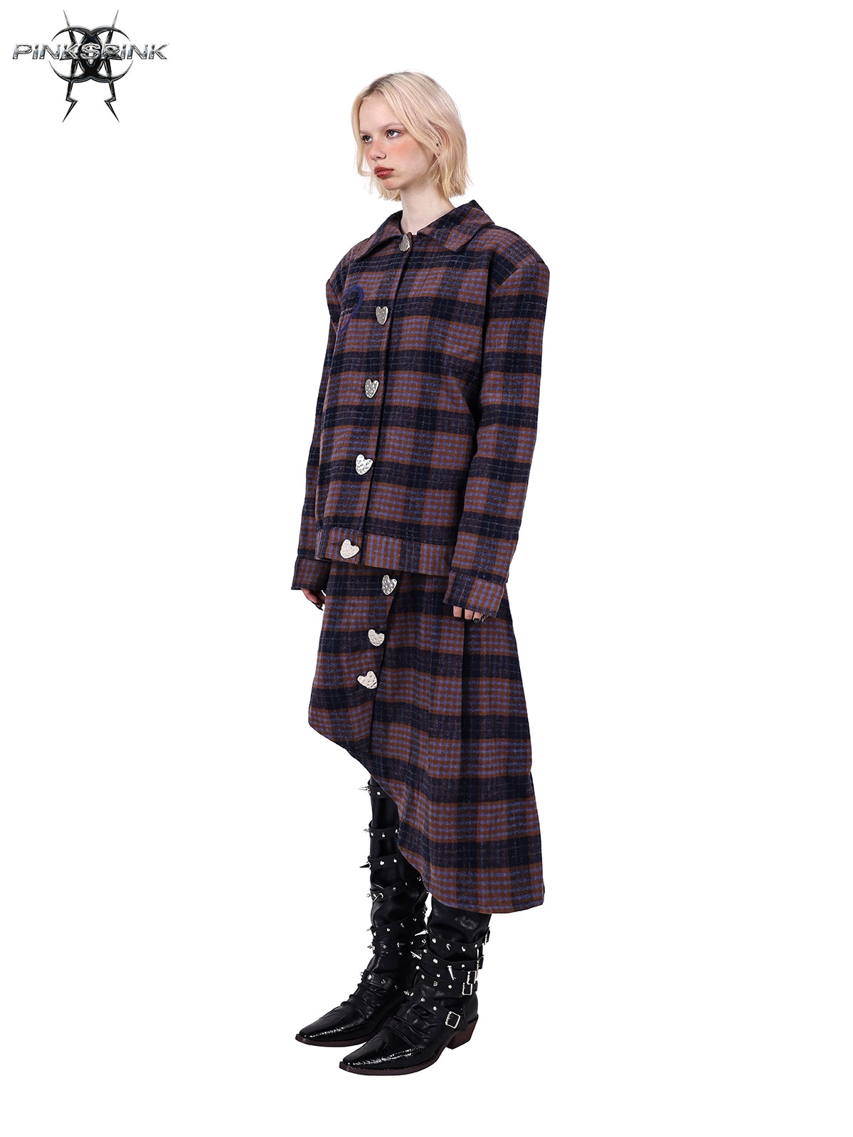 Plaid Heart Button Short Jacket &amp; Asymmetry Saum Rock