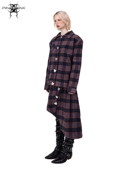 Plaid Heart Button Short Jacket ＆ Asymmetry Hem Skirt