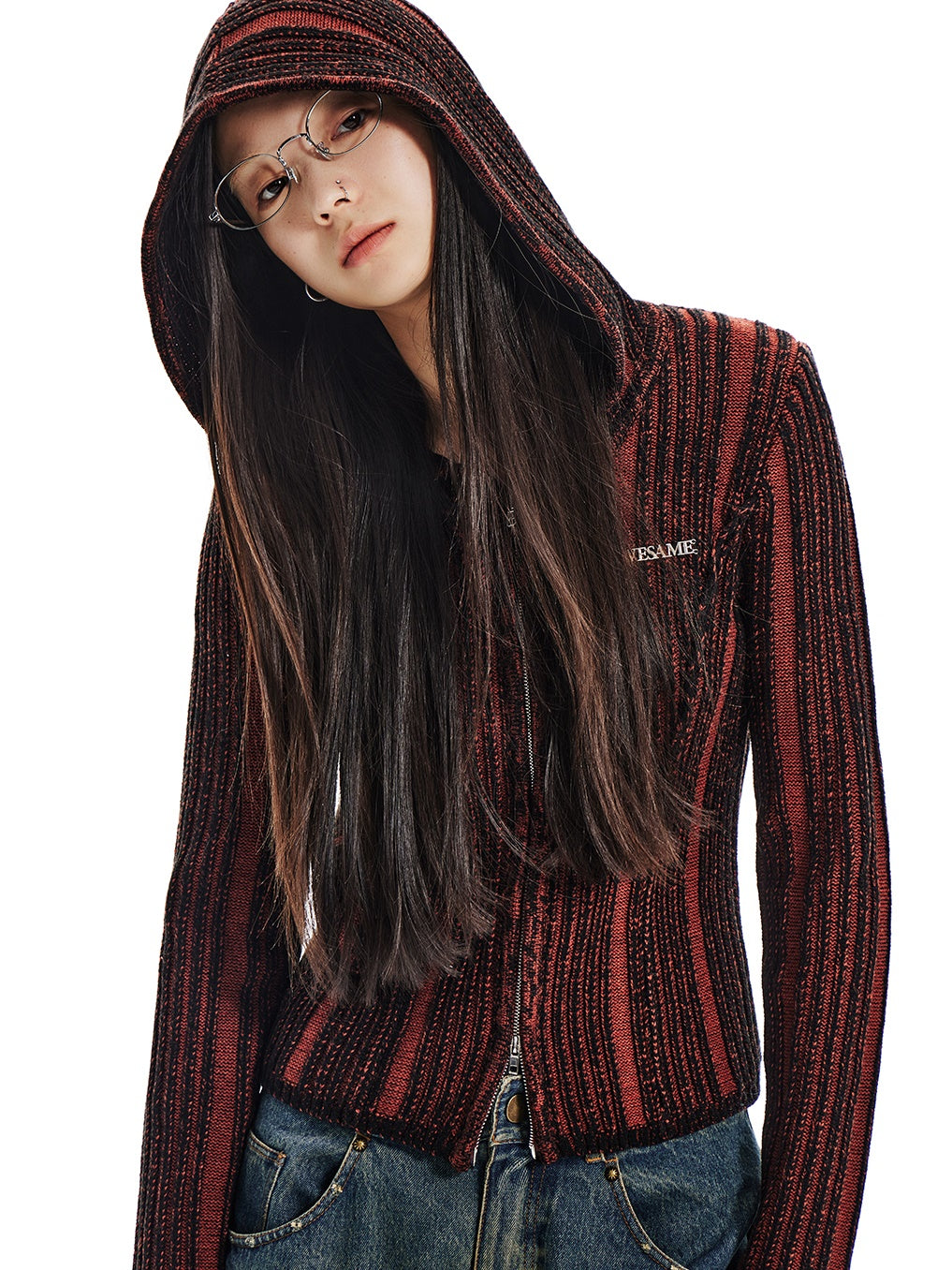 Elastic Double Zipper Hooded Knitted Top